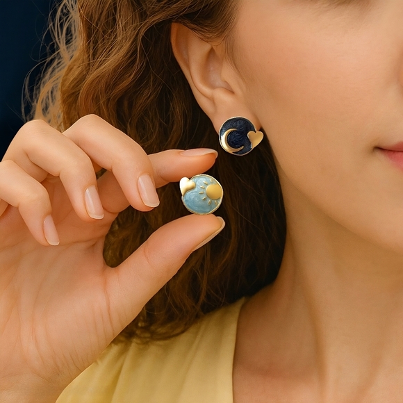ποΈMinimalist Sun & Moon Enamel Earrings | 925 Silver Posts | Vintage Style ππ - Picture 10 of 10
